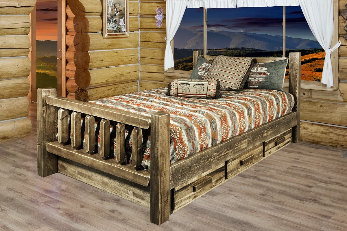 Rough Sawn Pine Log Bed with Storage Rustic Log Furniture of Utah