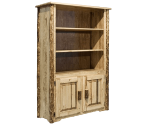 Skip-Peeled Pine Log Bookcase With Storage Stained and Lacquered