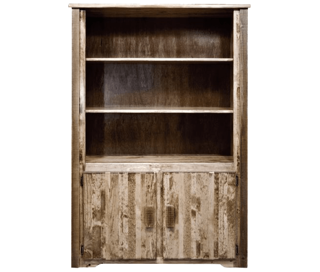 Rough Sawn Pine Bookcase With Storage, Stained Pine Bookcase